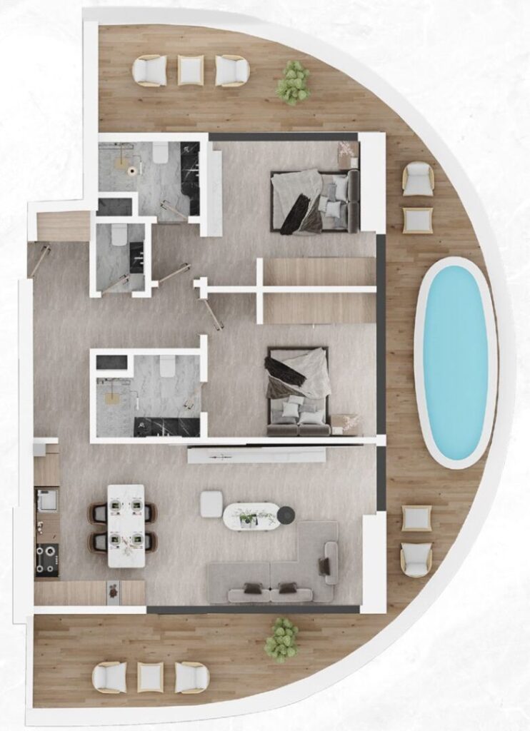 Floor Plan 2 Bedroom and Pool