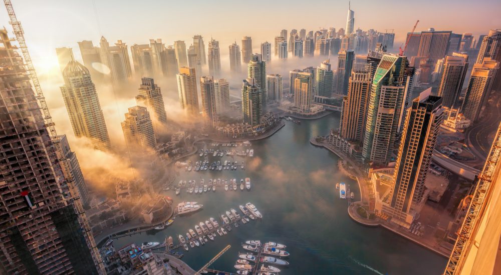 Dubai Marina with colorful sunset in Dubai, United Arab Emirates